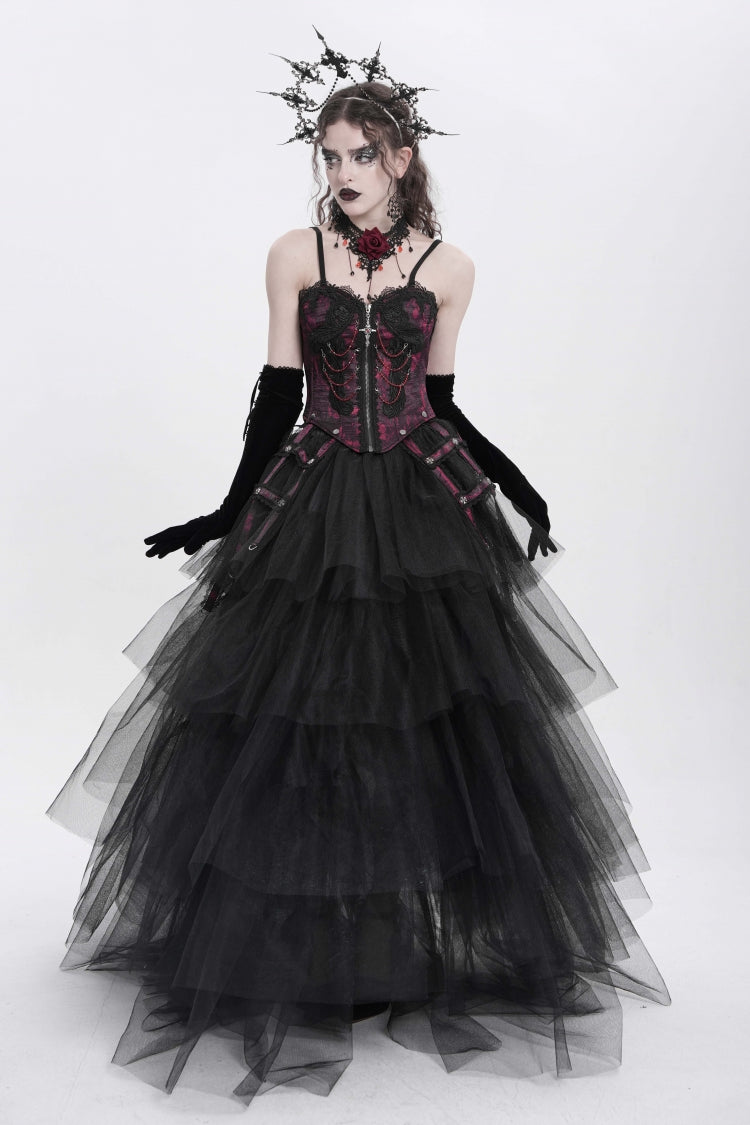 Red Sleeveless Embroidery Lace Chain Women's Gothic Vest