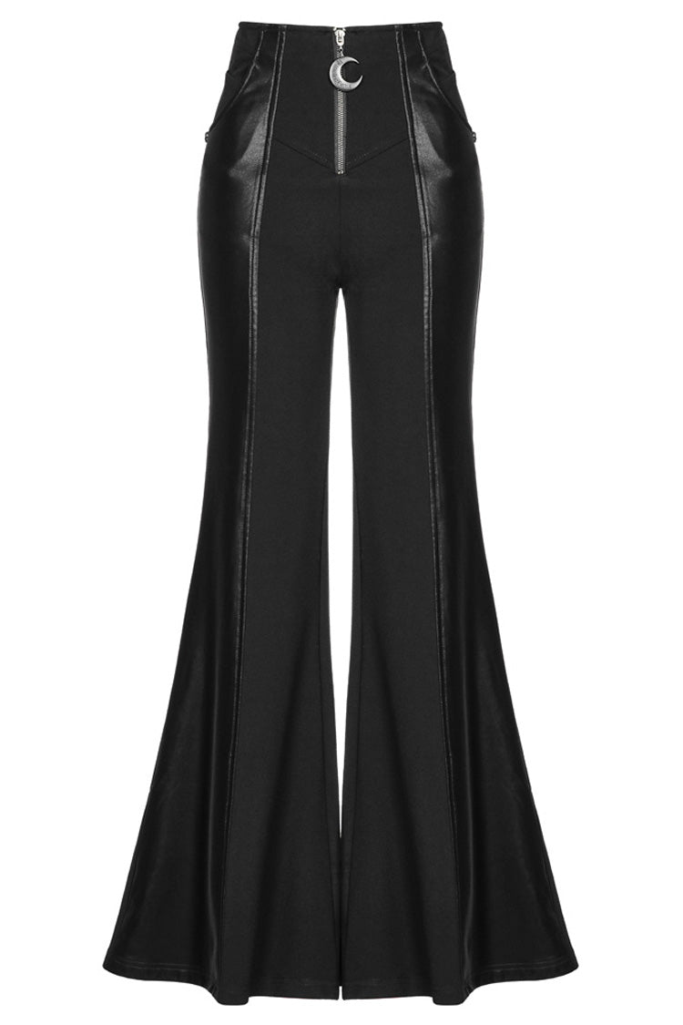 Black Stretch-Knit Paneled Faux Leather Waistband Ghost Button Flared Women's Punk Pants