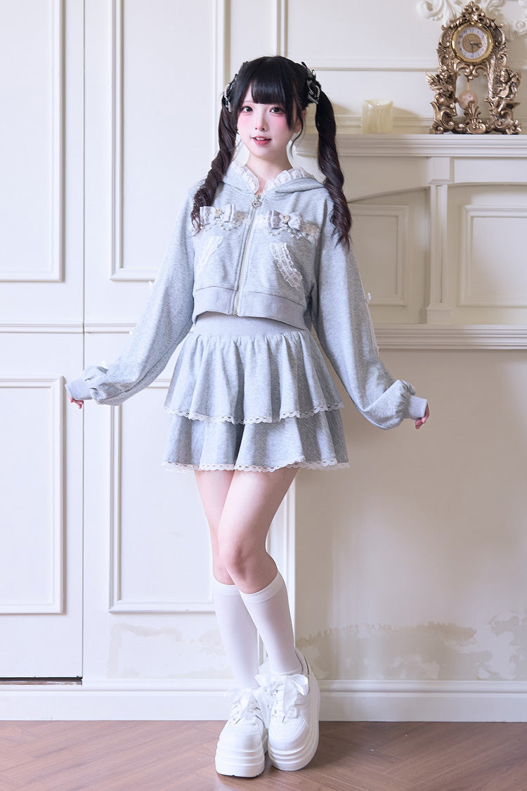Sweet Long Sleeves Bowknot Lace Hooded Jirai Kei Hoodie Skirt Set 3 Colors