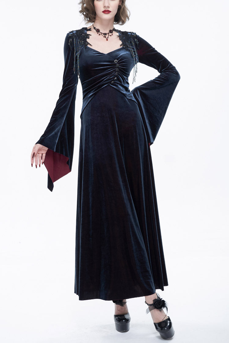 Black/Red Embroidered Fringe Flared Sleeve Long Women's Gothic Dress