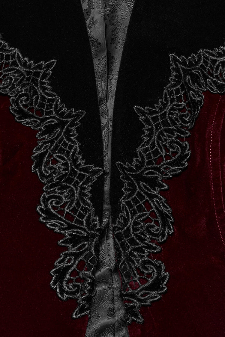 Black/Red V Collar Long Sleeves Floral Embroidery Lace-Up Women's Gothic Jacket