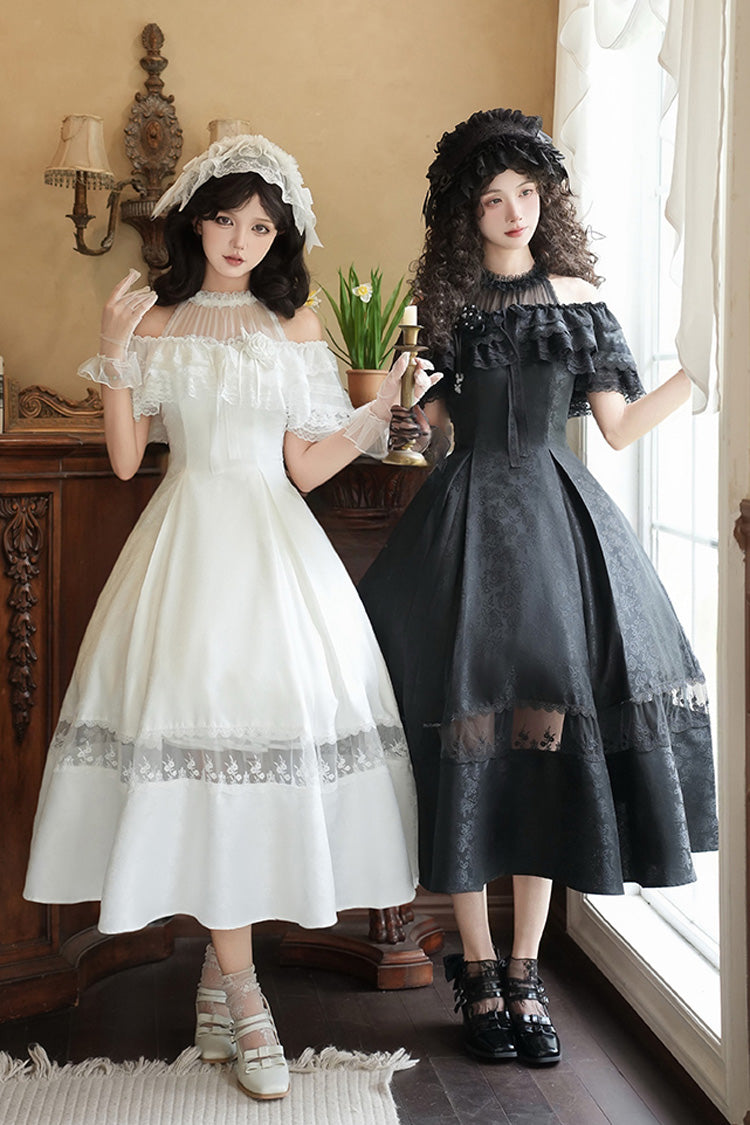 White [Flowers in the Mist] Off Shoulder Halterneck Print Ruffle Gothic Elegant Lolita Dress