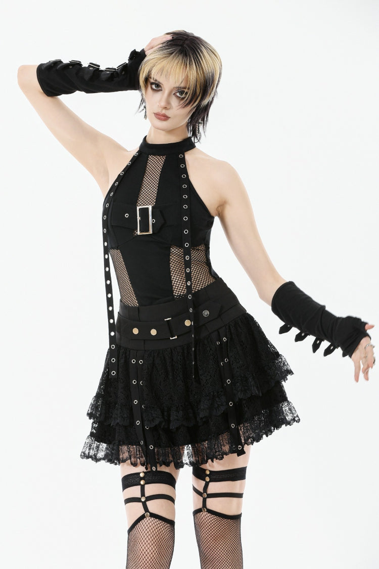 Black Wide-Waistband Eyelet Strap Double-Layered Lace Women's Punk Skirt
