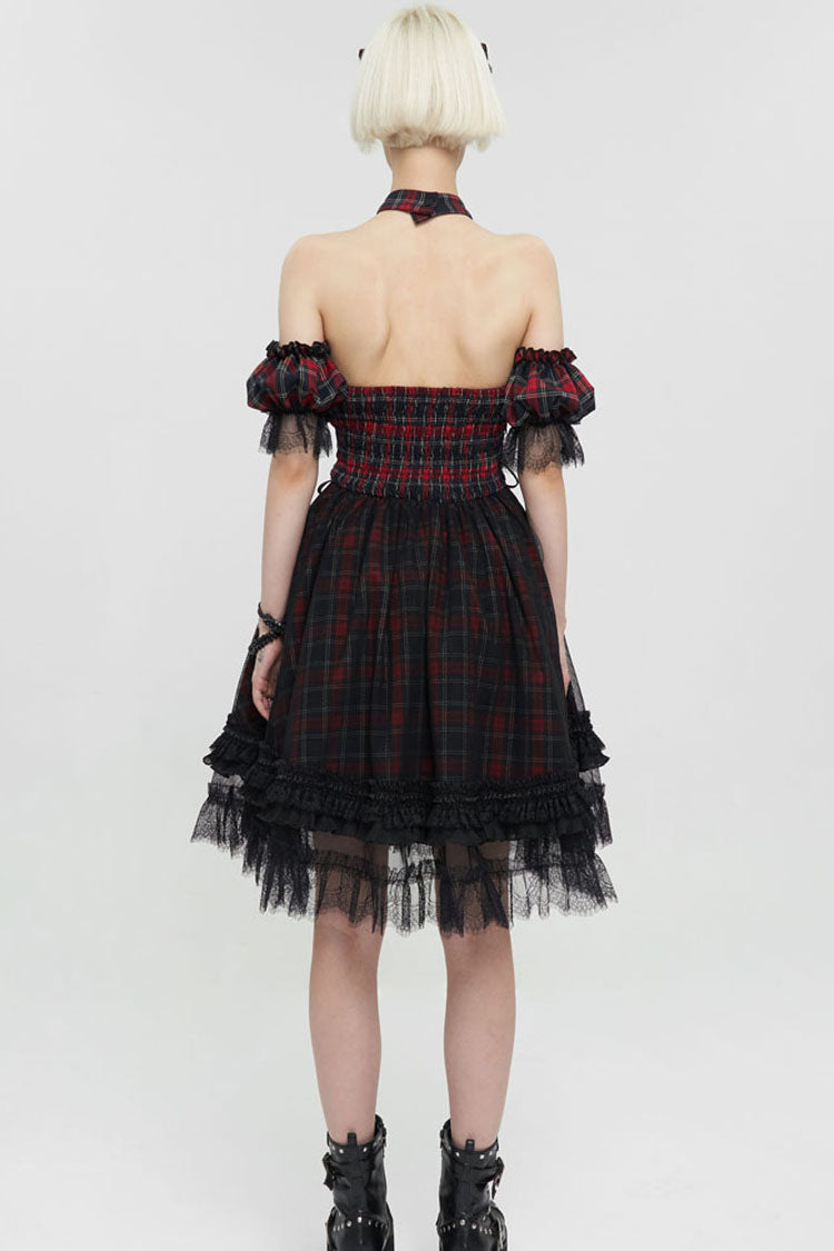 Black/Red Punk Off The Shoulder Plaid Chinese Style Cheongsam Collar Oversized Hem Women's Dress