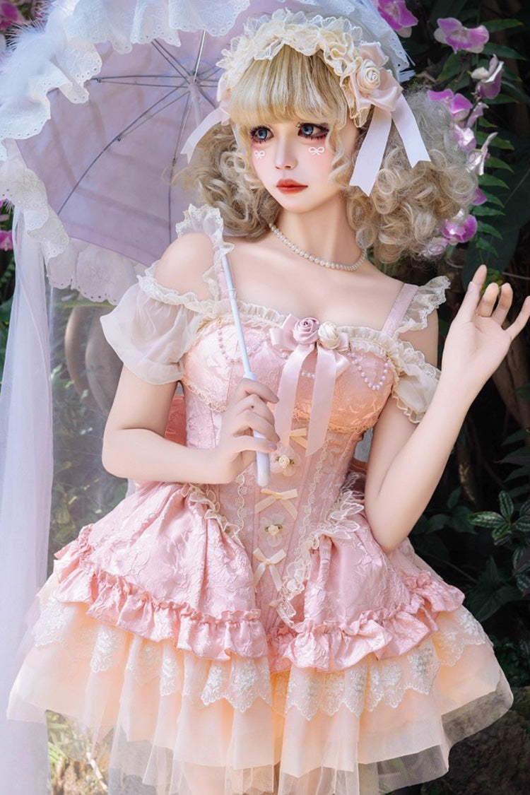 Pink [Fleeting Light and Shallow Dream] Sleeveless Multi-Layered Ruffle Bowknot Lace Slim Sweet Ballet Lolita Jsk Dress