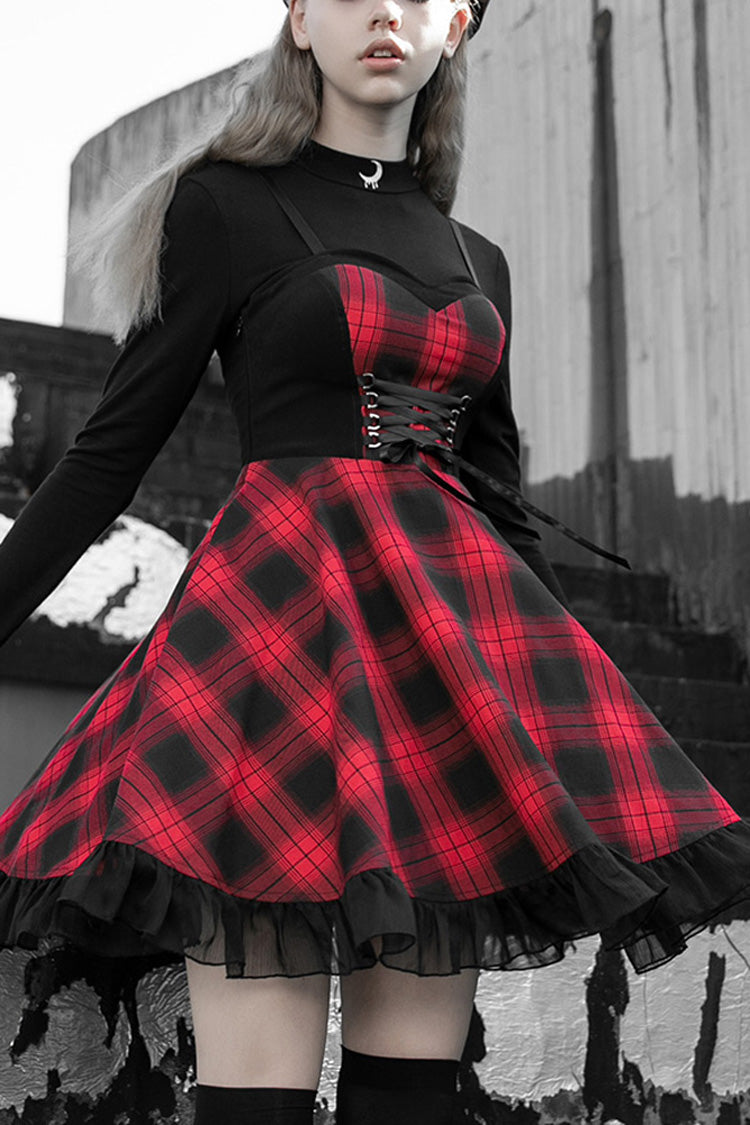 Lattice Plaid Stitching Binding Women's Steam Punk Strap Dress