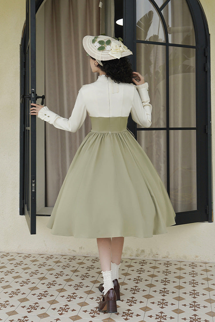 White/Green [Wind Garden] Stand Collar Ruffle Lace-Up Color Matching Fake Two Pieces Classic Vintage Lolita Dress