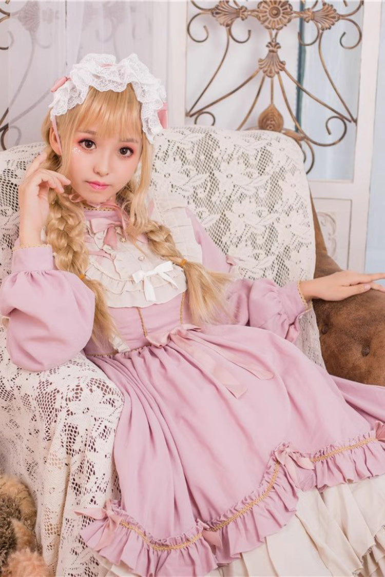 Pink Long Sleeves Ruffle Bowknot Daily Sweet Princess Lolita Dress