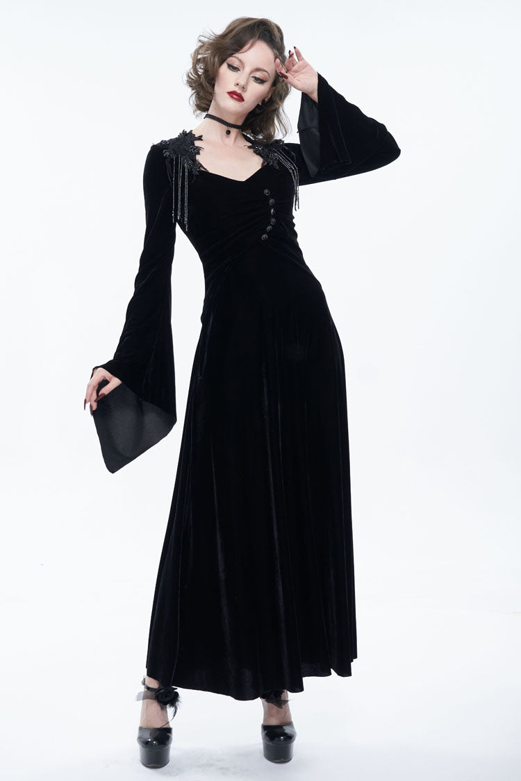 Black Embroidered Fringe Flared Sleeve Women's Gothic Dress