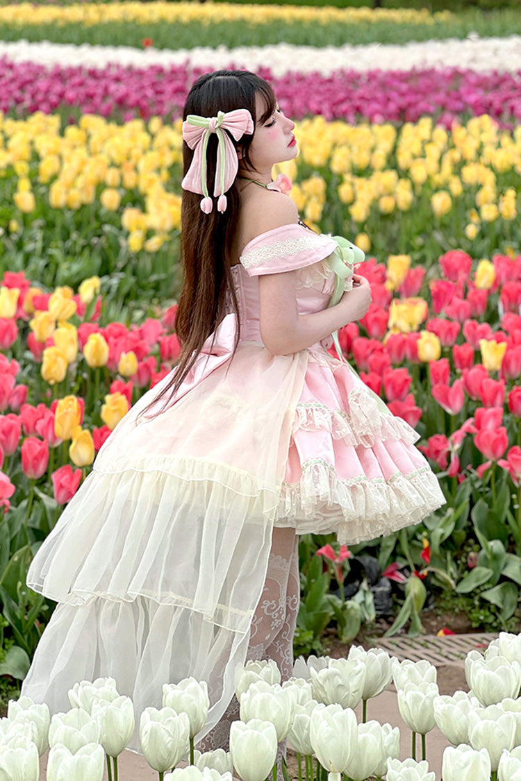 Robe Lolita Princesse Douce Romantique à Nœud Papillon en Dentelle à Lacets à Volants à Double Couche avec Encolure Bateau [Tulip Love Song] Rose 