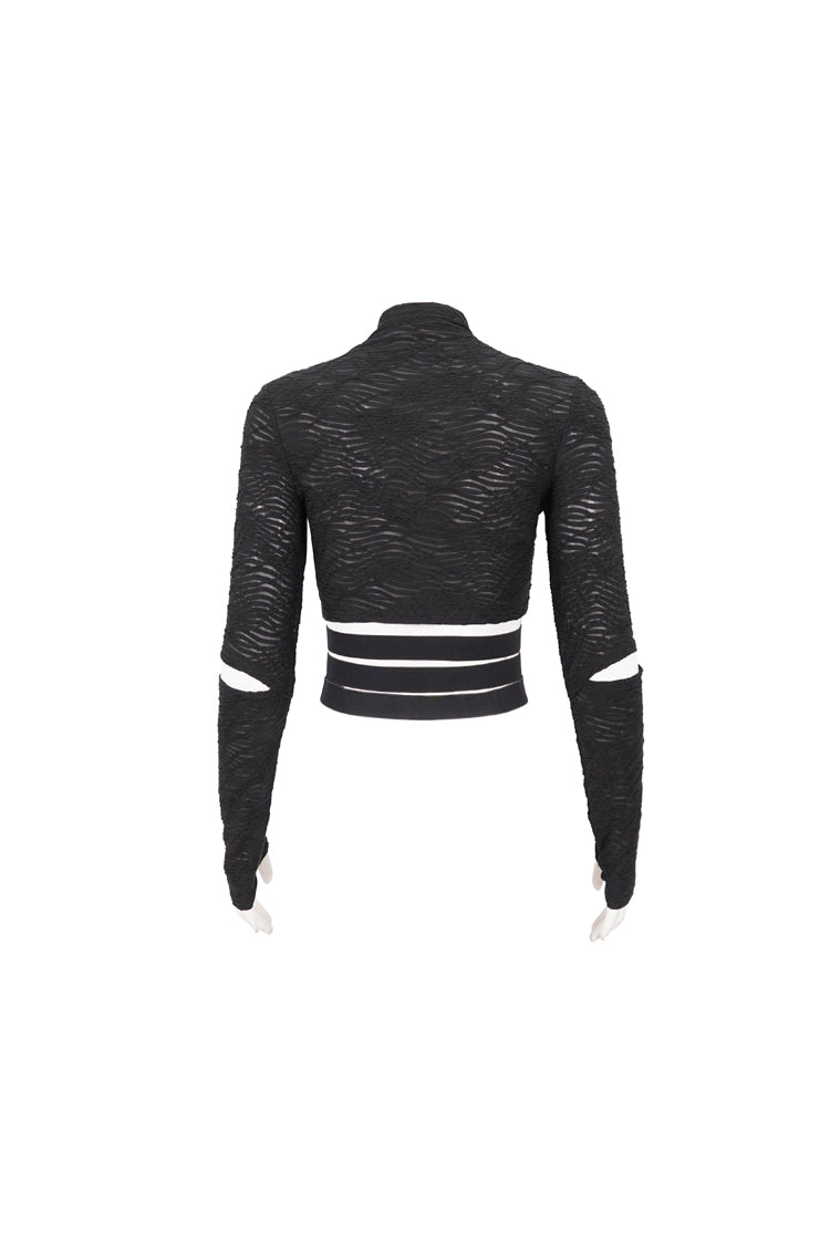 Schwarzes, gerüschtes, langärmliges Gothic-Shirt aus Netzstoff für Damen