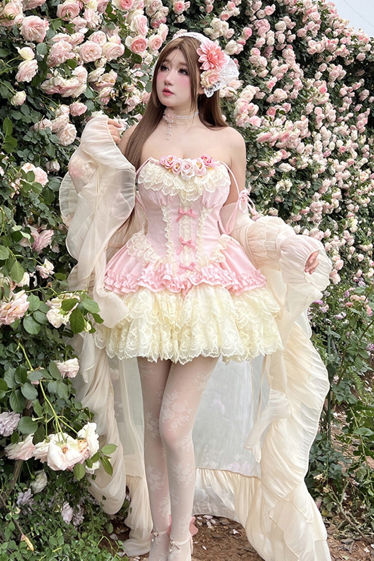 Pink [Pure Dream Flower Love] Multi-Layered Ruffle Embroidery Bowknot Lace Sweet Lolita Jsk Dress