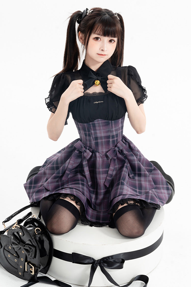 Purple [Magic Cat] Double-Layered Stripe Print Bowknot Sweet Lolita Jumper Dress