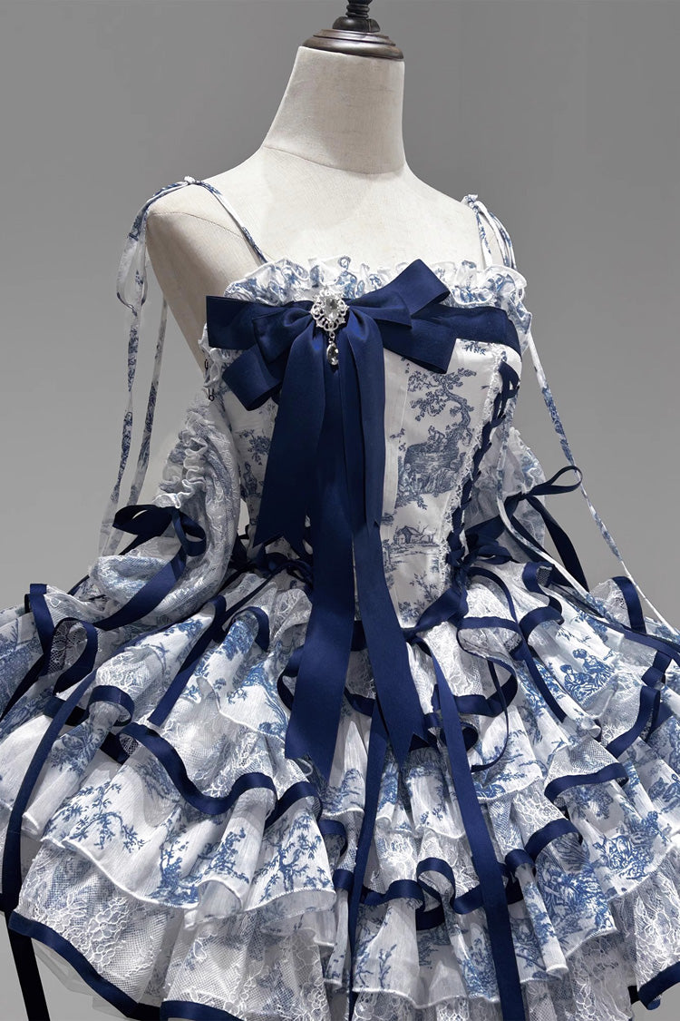Blue/White Sleeveless Multi-Layered Print Bowknot Fishbone Sweet Classic Chinese Style Lolita Jsk Short Dress