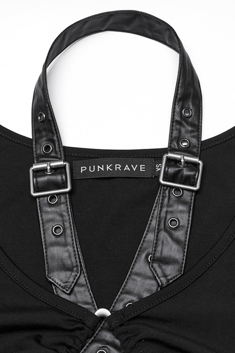 Black Halterneck Sleeveless Buckle Strap Women's Punk Vest