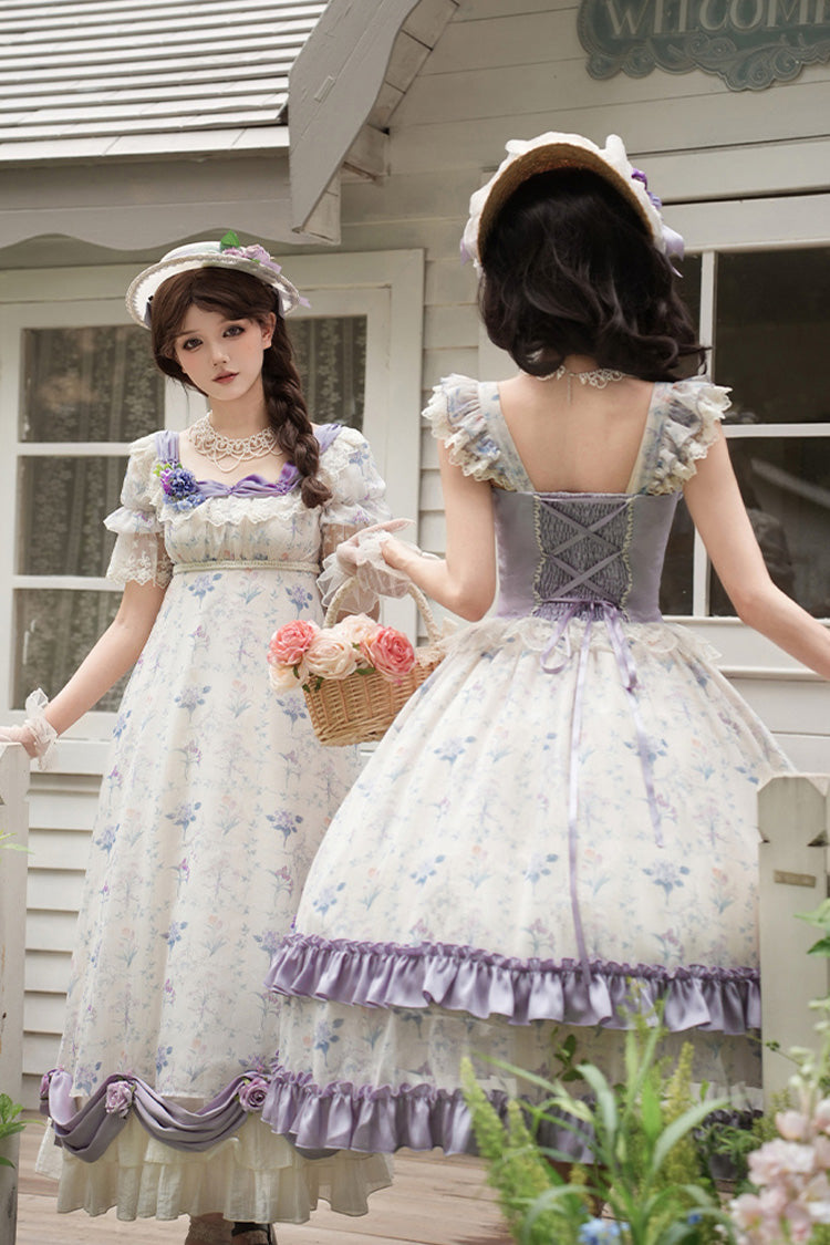 Purple/Ivory [Iris Secrets] Short Sleeves Double-Layered Print Ruffle Bowknot Lace-Up Sweet Lolita Dress