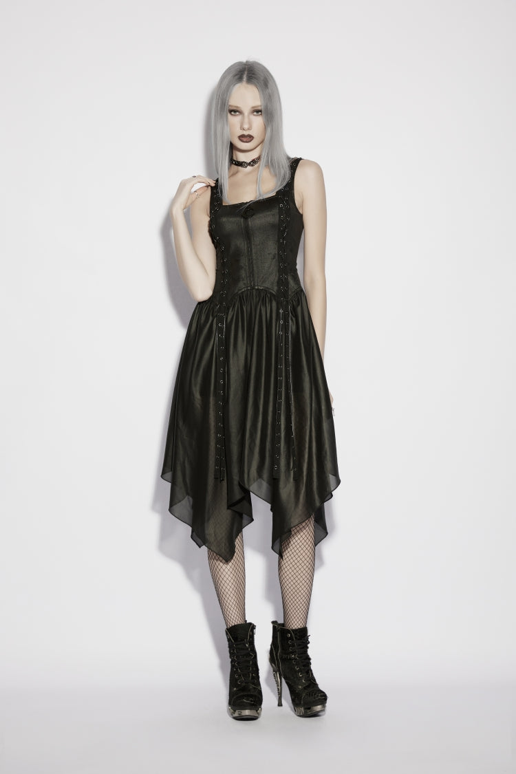 Schwarzes, schulterfreies, schmales, unregelmäßiges, mit Ösen mit Reißverschluss versehenes Damen-Punk-Kleid im College-Stil