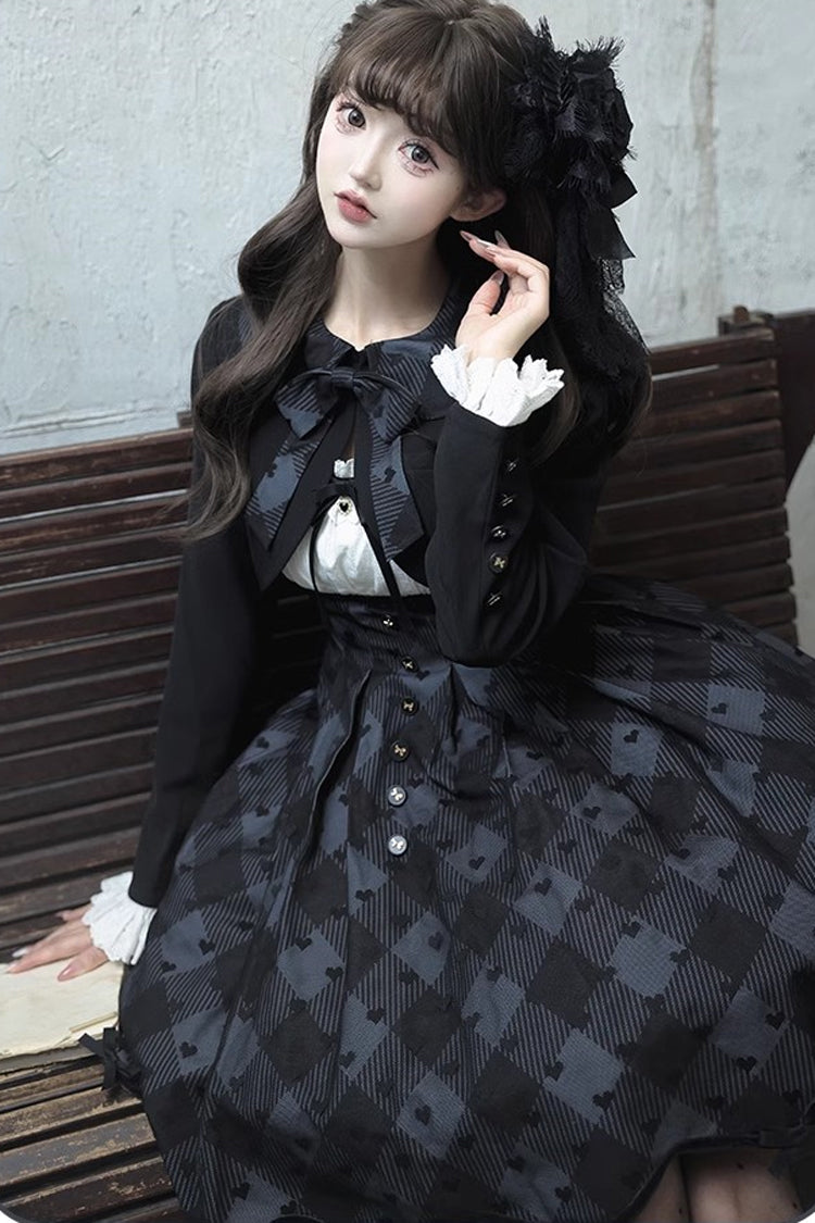 Black [Swan] Short Sleeves Plaid Print Sweet Elegant Princess Lolita Dress Short Version