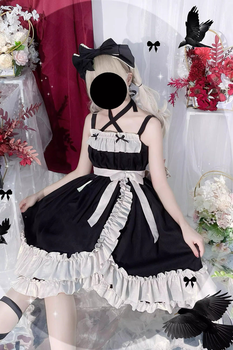 Black [Monet Estate] Sleeveless High Waisted Ruffle Bowknot Asymmetric Gothic Lolita Jsk Dress