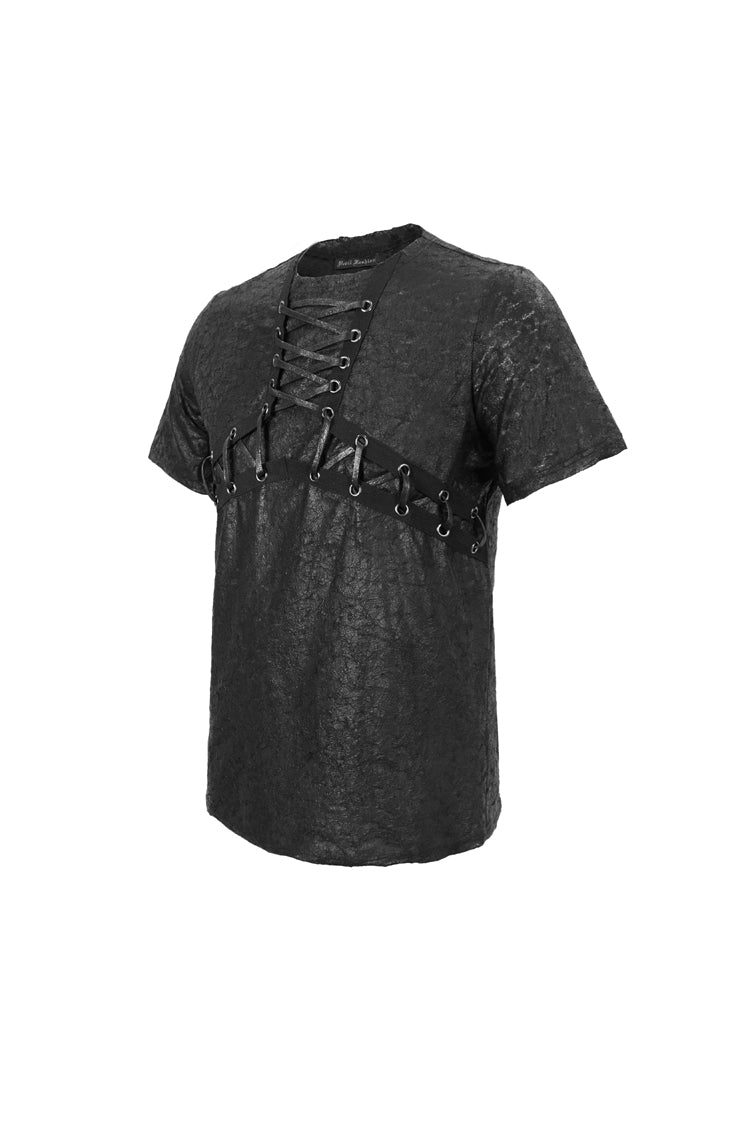 Black Broken Holes Thick Stripes Chest Lace-Up Knit Short Sleeve Men's Punk T-Shirt