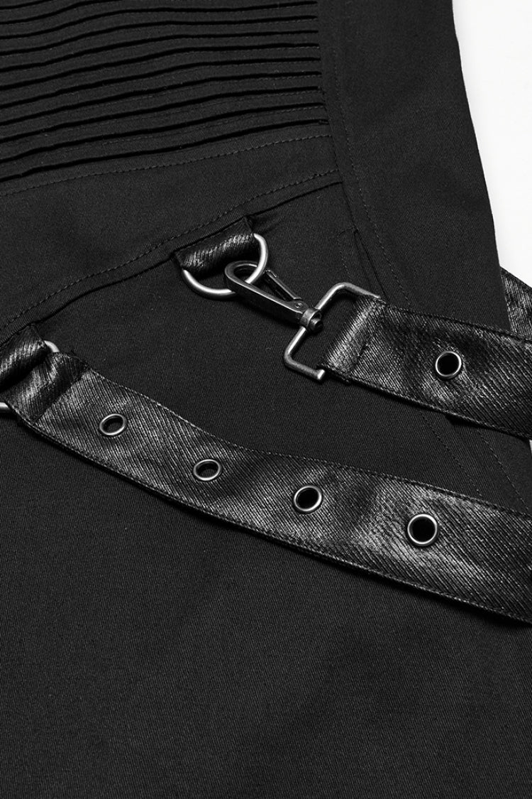 Manteau punk noir à col à revers, manches longues, à capuche et plissé pour homme avec sangle à boucle 