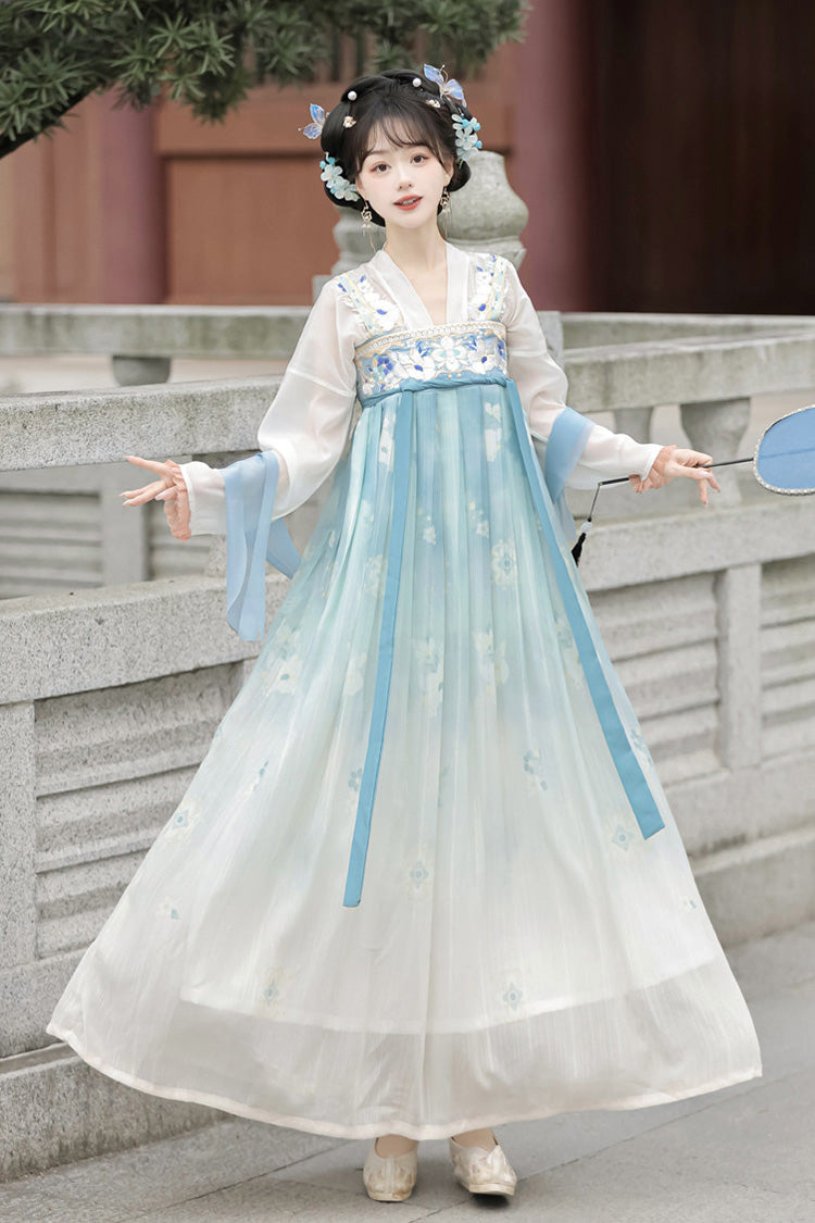 Blaues, langärmliges, süßes Hanfu-Kleiderset im Tang-Stil von Qixiong Ruqun mit bedruckter Spitze