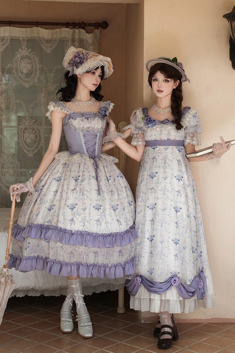 Purple/Ivory [Iris Secrets] Short Sleeves Double-Layered Print Ruffle Bowknot Lace-Up Sweet Lolita Dress