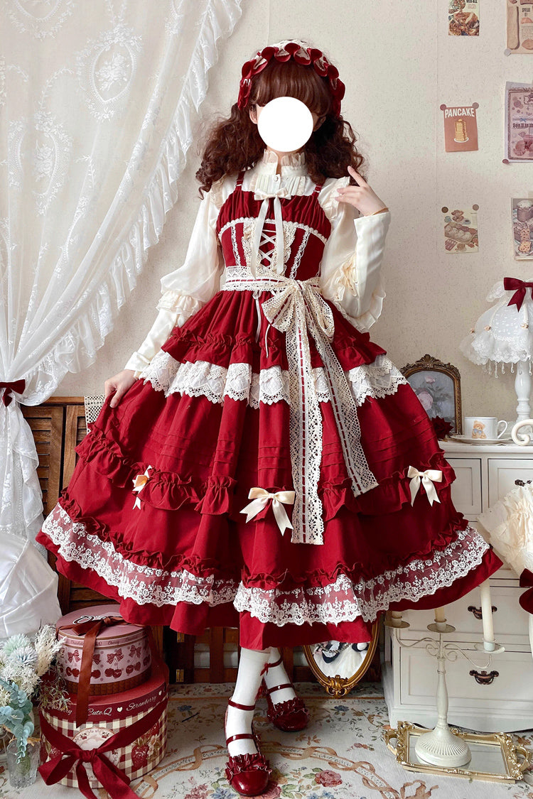 [Lillian] Robe Jsk Sweet Lolita en Dentelle avec Nœud à Volants 4 Couleurs 