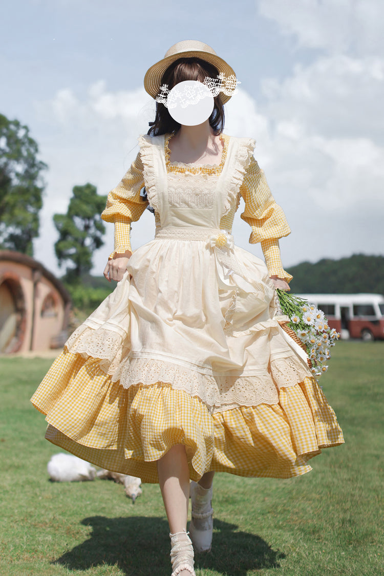 Yellow Long Sleeves Print Ruffle Lace-Up Sweet Elegant Lolita Dress