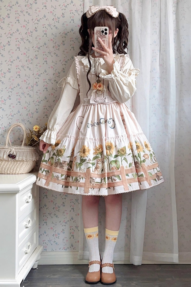 Cat and Sunflower Print Bowknot Sweet Lolita Jsk Dress 2 Colors
