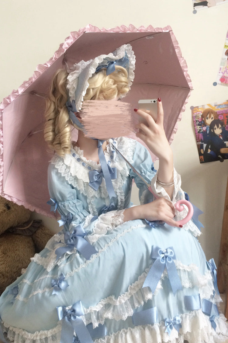 Blue Round Collar Long Trumpet Sleeves Hanayome Bowknot Lace Daily Sweet Elegant Princess Lolita Dress