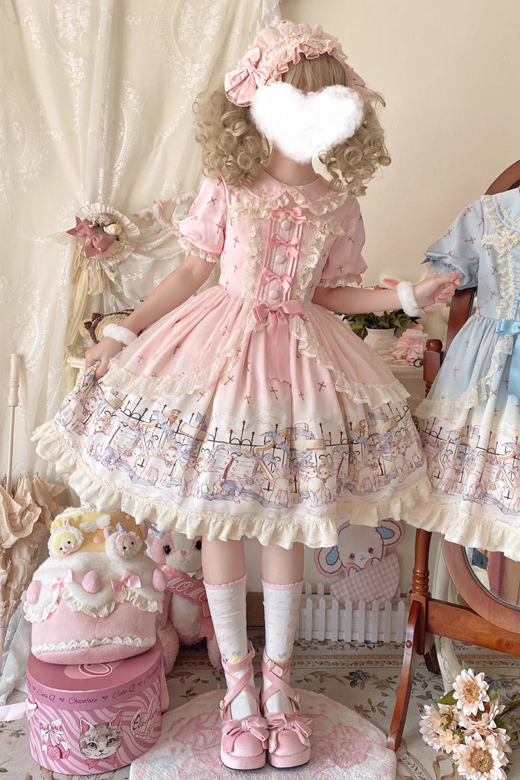 Pink [Angel Lamb] Lapel Collar Short Sleeves Printed Ruffled Bow Sweet Lolita Dress