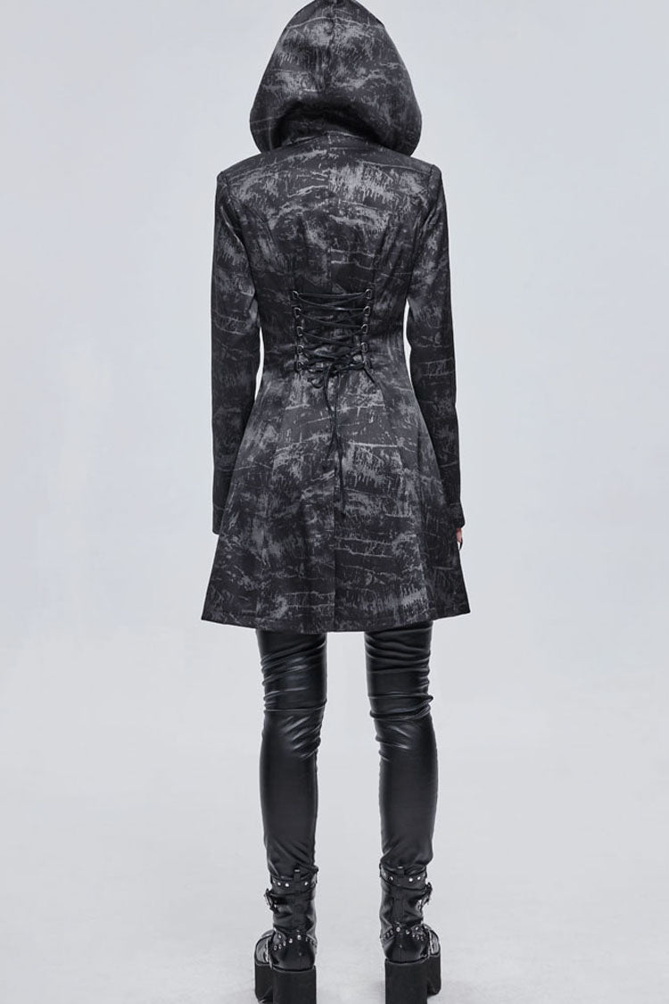 Gray Punk Pattern Pentagram Shape Design Metal D-Shaped Buckle Decoration Hooded Women's Coat