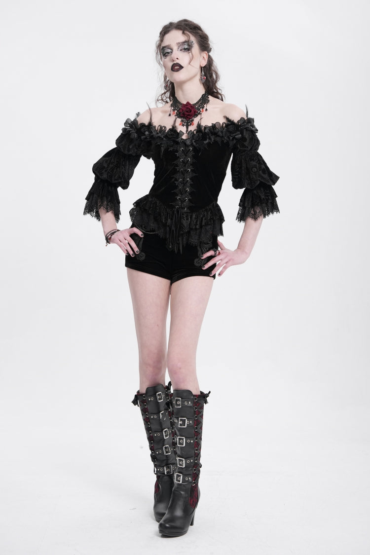 Black Off Shoulder Long Sleeves Ruffle Embroidery Lace-Up Women's Gothic Blouse