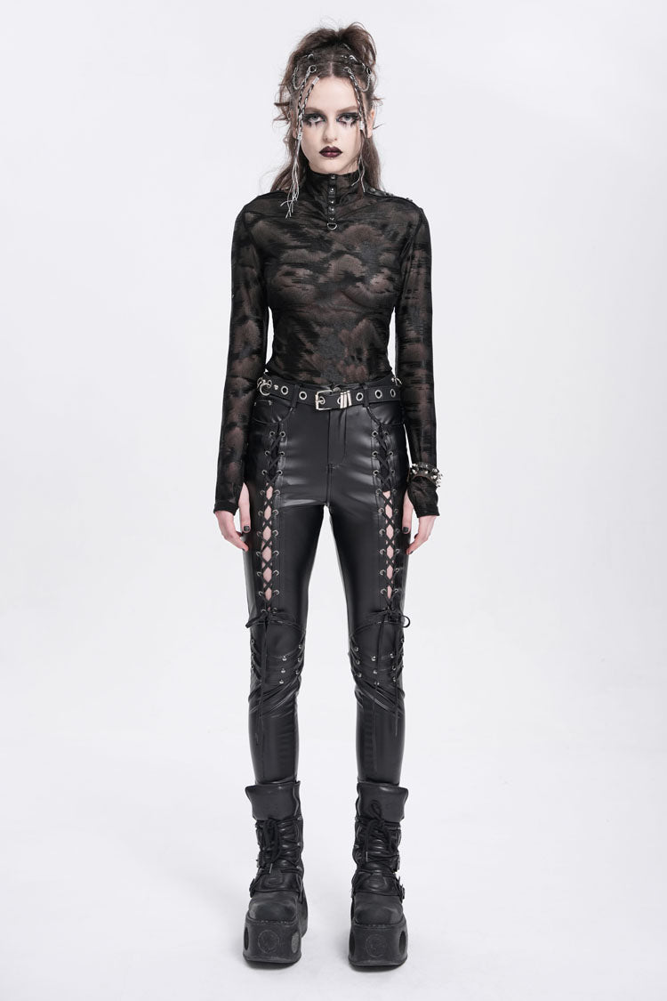 Black Stand Collar Sheer Studded Women's Punk Blouse