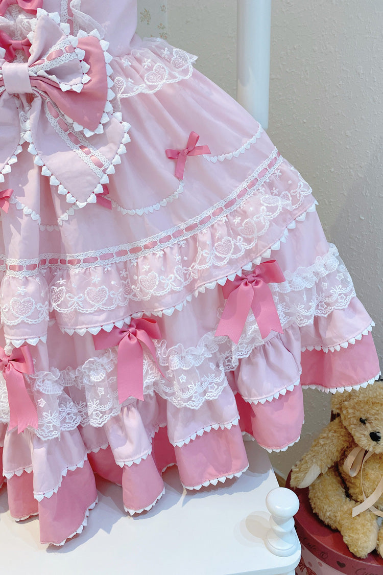 Pink [Fondant Cake] Sleeveless Multi-Layered Ruffle Bowknot Lace Sweet Lolita Jsk Dress