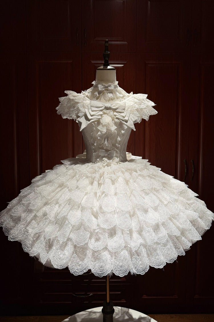 Weiß [Tausend Schneeflocken] Ärmelloses Korsett-Taillen-Spitze-Rüschen-Schleifenbein-Damen-Süßes-Prinzessin-Lolita-Kleid