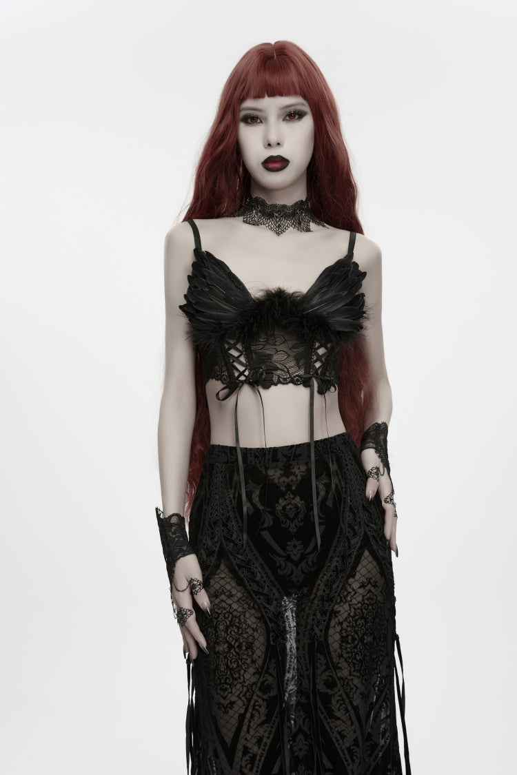 Schwarzes, durchsichtiges, ausgeschnittenes Spitzen-Schnürkorsett für Damen im Gothic-Stil mit Federnetz