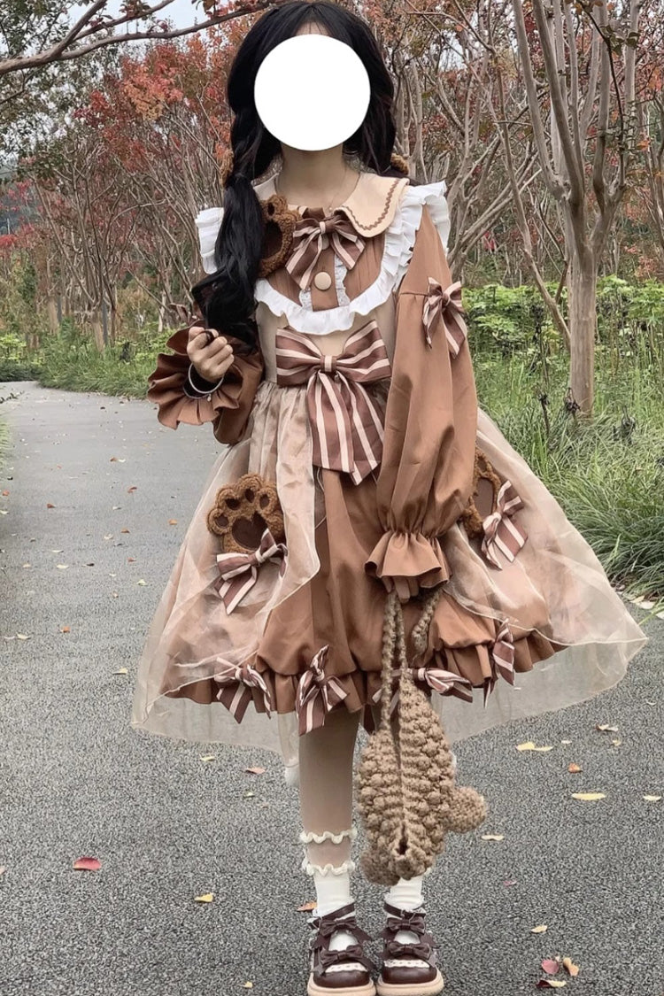 Süßes Lolita-Kleid mit langen Ärmeln und hoher Taille, Rüschen und Schleife, 3 Farben