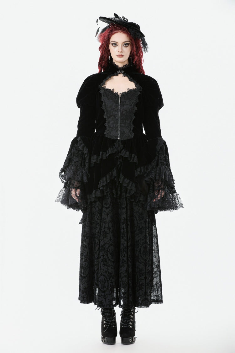 Schwarzer Gothic-Mantel mit langen Puffärmeln und mehrlagigem Rüschen-Spitzensaum für Damen