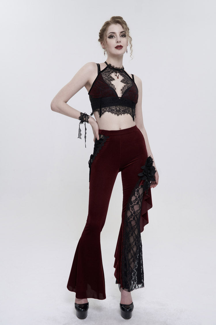 Red Velvet Chest Cutout Lace Hidden Side Zipper Sexy Women's Gothic Halter Lingerie