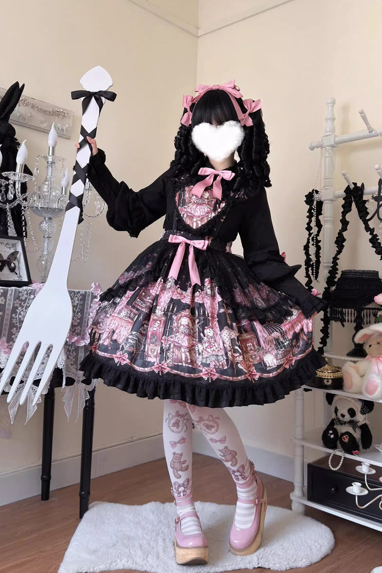 Black [The Case of the Missing Lamb] Print Ruffle Bowknot Lace Gothic Lolita SK Skirt