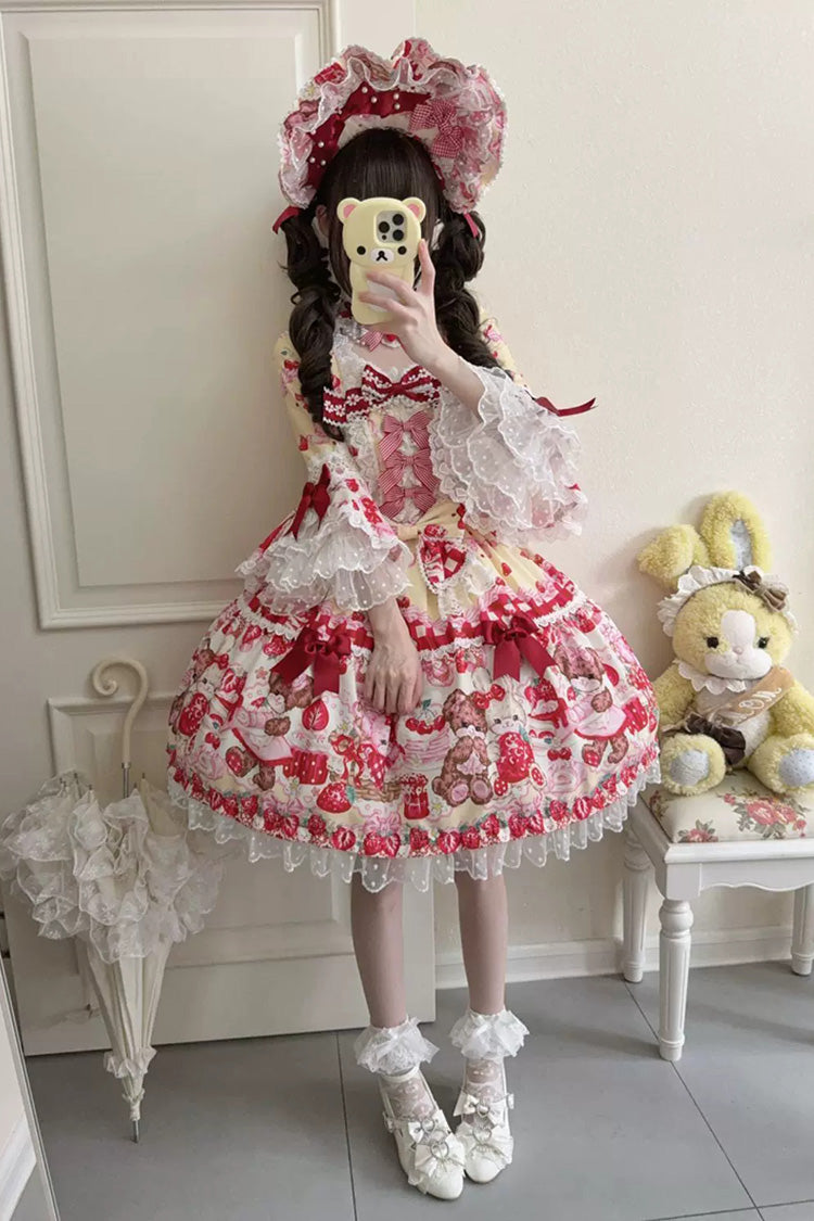Robe Lolita OP jaune/rouge [Sweet Berry Bunny Bear] demi-manches avec nœud imprimé et lacets à lacets
