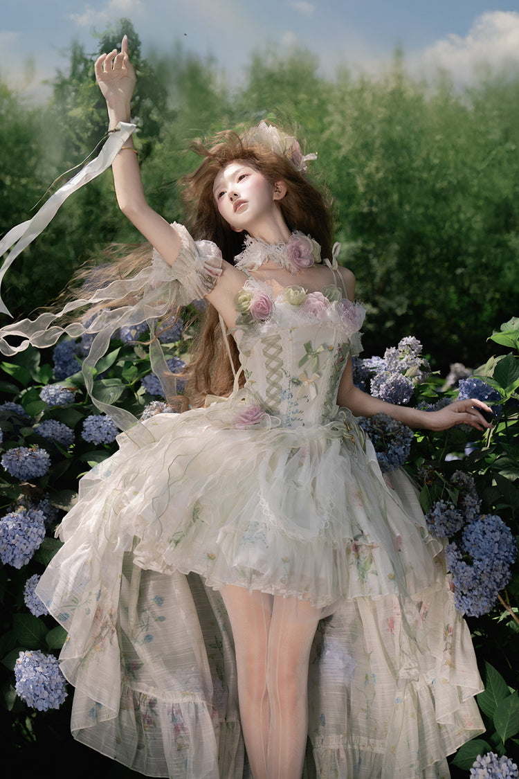 Green [Spring Rose] Sleeveless Multi-Layered Bowknot Lace-Up Fishbone Sweet Lolita Jsk Dress