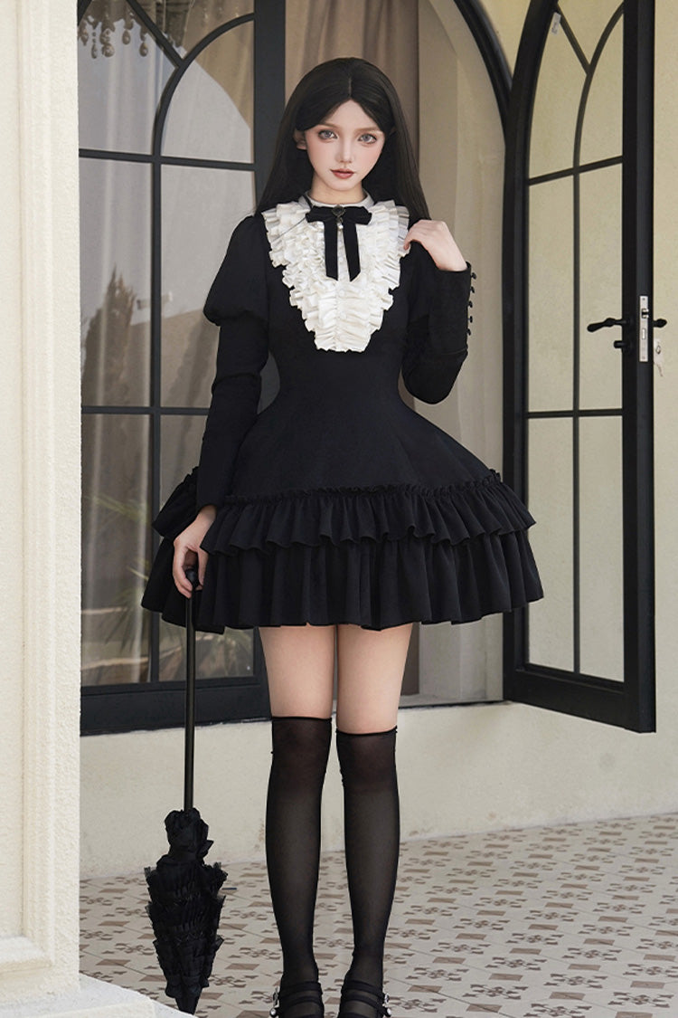 Black [Miss Weir] Stand Collar Long Sleeves Double-Layered Ruffle Gothic Lolita Dress