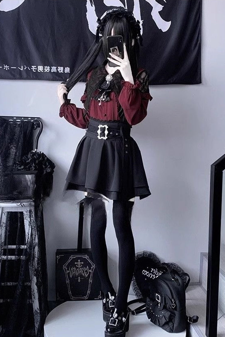 Sweet Jirai Kei Long Puff Sleeves Ruffle Bowknot Lace Skirt Blouse Set 2 Colors