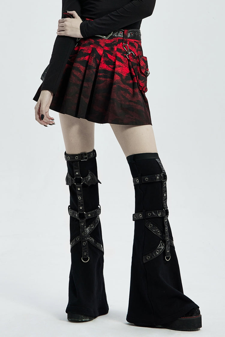 Black/Red Abstract Print Metal Buckle Leather Buckle Women's Steampunk Skirt