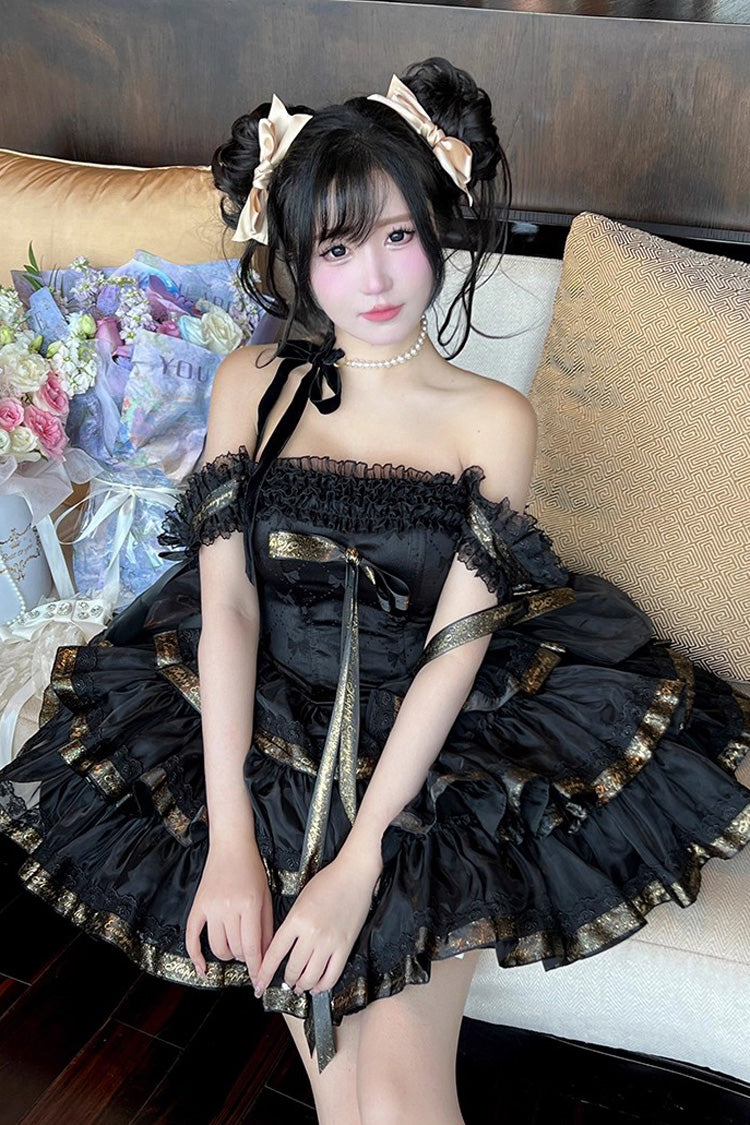 Black [Princess Ribbon] Off Shoulder Triple-Layered Ruffle Bowknot Sweet Lolita Dress