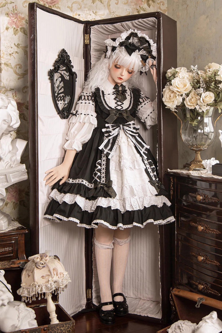 Black/White [Tina's Gift] Sleeveless Multi-Layered Ruffle Cardigan Bowknot Lace Sweet Lolita Jsk Dress
