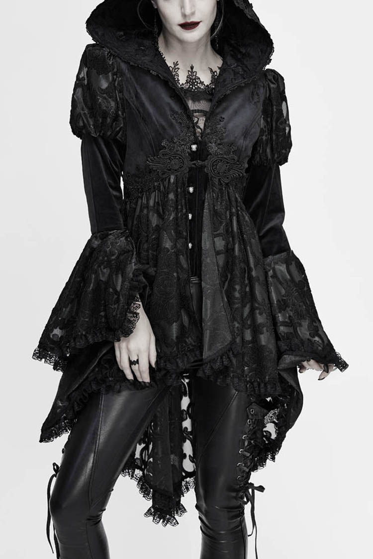 ブラックニットベルベットフード付きフロント胸デカールメタルレトロボタンレース袖口女性のゴシックコート